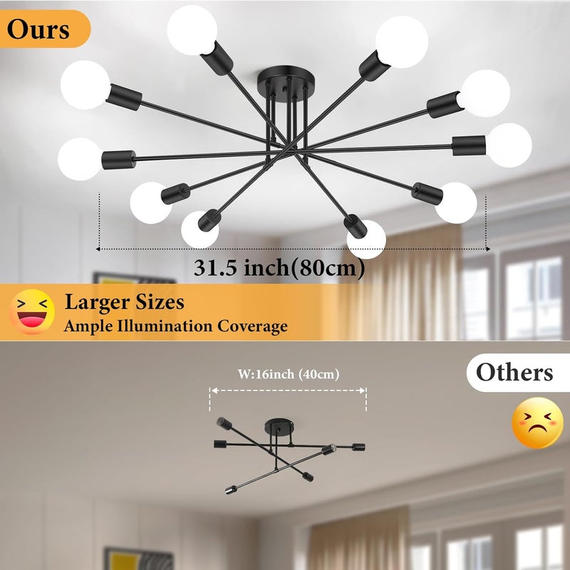 Bosceos Modern Sputnik Chandelier 10-Light Industrial Ceiling Lights Fixture 31.5" Black Semi Flush Mount Ceiling Light with E26 Base Sputnik Lights Fixture for Dining Room Bedroom Foyer Hallway Living Room - Image 2